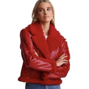 7 FOR ALL MANKIND Stella Red Vegan Leather Faux Shearling Cropped Jacket XS- NWT